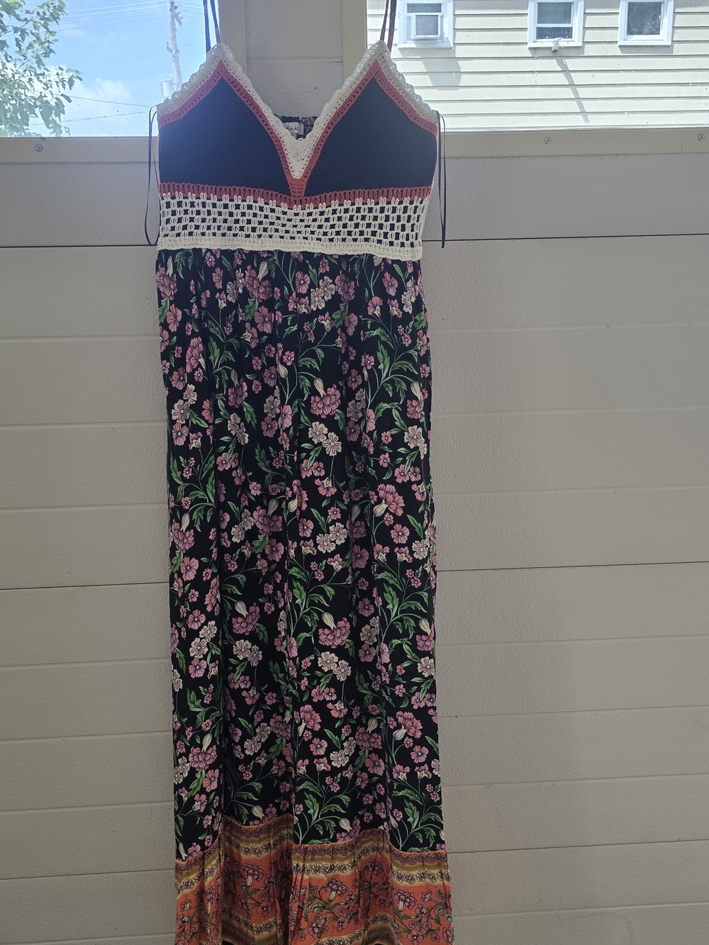 white birch Black Floral Maxi Dress with Pink Flowers & Crochet Bodice